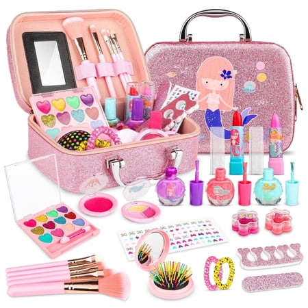 Beefunni 21PCS Washable Makeup Kit, Mermaid-Themed Cosmetic Set with Case, Lip Gloss, Lipstick, Eyeshadow, Nail Polish and Accessories