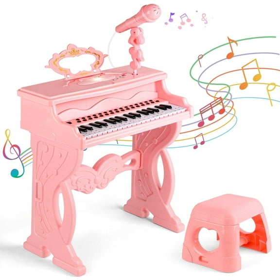 Beefunni Kids Electronic Musical Instrument Piano Learning Toy Keyboard w/Multiple Sounds, Lights, Microphone, Stool, Birthday Gift for Girls 3 4 5 6 Years Old-Pink