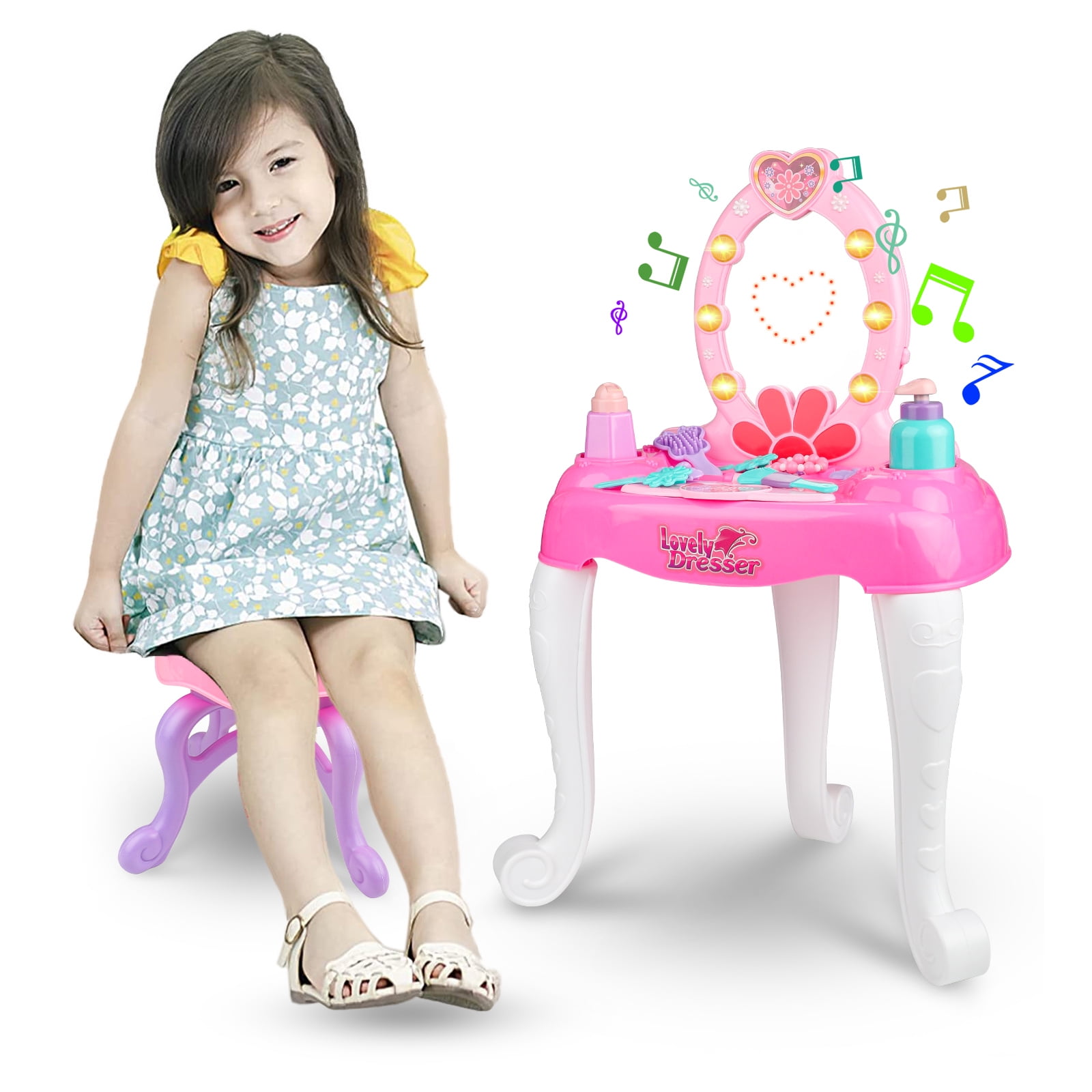 Beefunni Little Girls Vanity Set with Mirror and Stool, Pink Princess Pretend Play Makeup Set