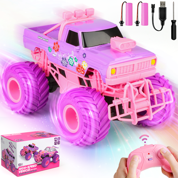 Beefunni Pink RC Car for Girls, 4WD Off-Road Remote Control Truck with 2.4GHz, Rechargeable Batteries, All-Terrain RC Toy for Kids Ages 6-12, Birthday Gift for Girls