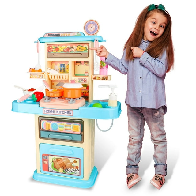 Beefunni Kids Play Kitchen Set, Kitchen Toys for Girls, with Lights & Sounds, Blue-Pink, Pretend Play Foods for Toddlers Girls Gifts 3-6 Years.