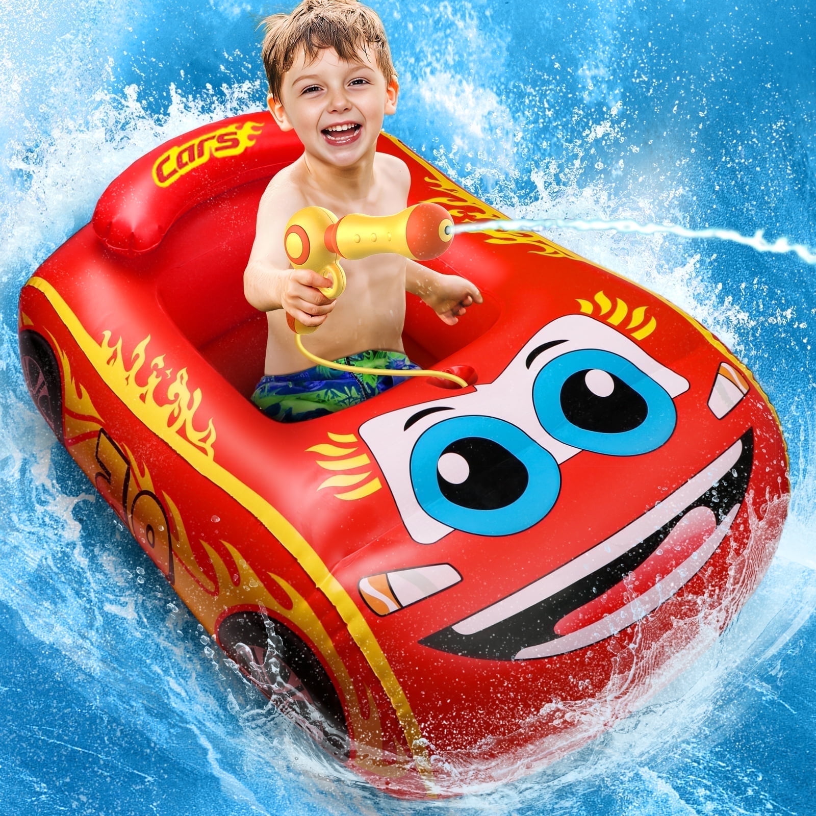 Beefunni Pool Floats Toys for Toddlers, Car Shaped Baby Swimming Float with Water Blaster for Toddler Aged 1-3 Years, Inflatable Ride-on Pool Toys for Kids