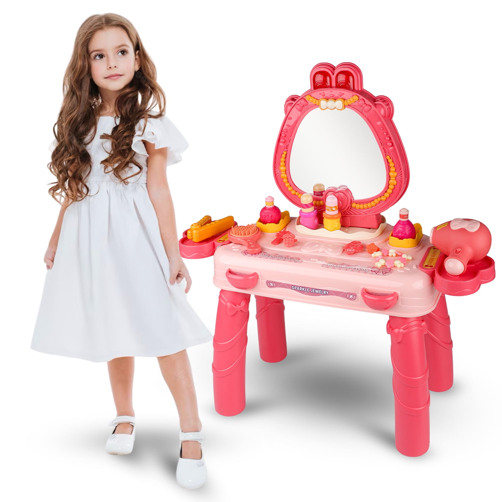 Beefunni Pretend Play Girls Vanity Set with Mirror 29 PCS, Pretend Play