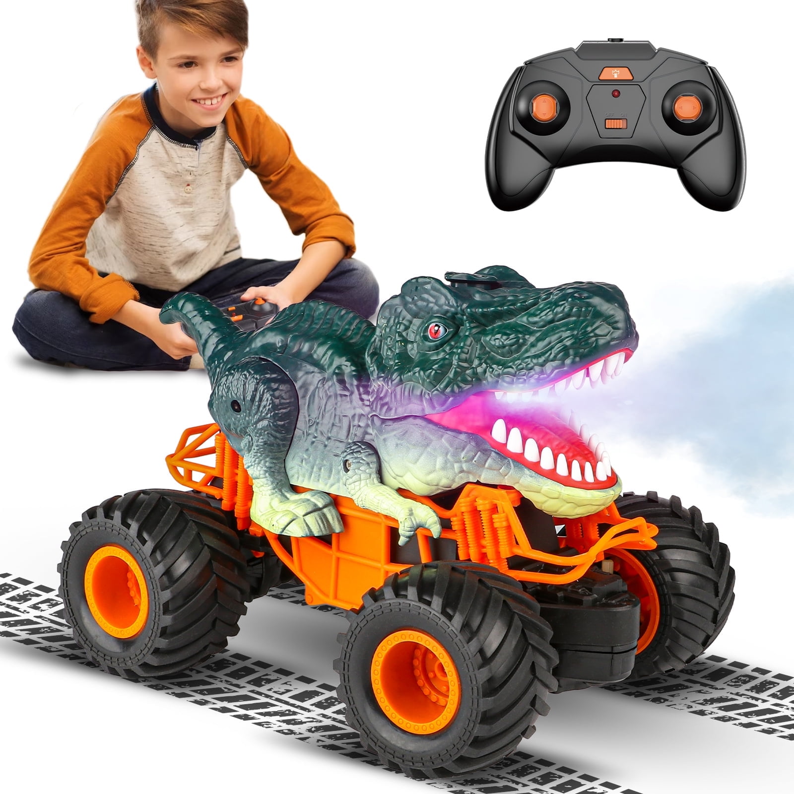 Beefunni Remote Control Dinosaur Cars for Boys, 2.4Ghz RC Dinosaur Toys Truck for Toddlers, Electric RC Car Toys with Light & Sound Spray Function for 3 4 5 6 7 8 Year olds Kids Boys Birthday Gift