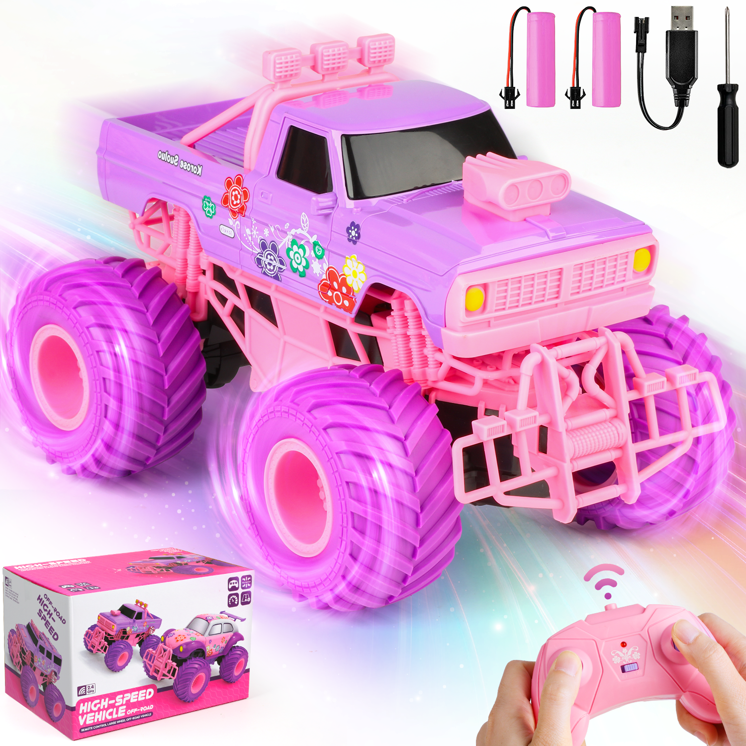 Beefunni Pink RC Car for Girls, 4WD Off-Road Remote Control Truck with 2.4GHz, Rechargeable Batteries, All-Terrain RC Toy for Kids Ages 6-12, Birthday Gift for Girls