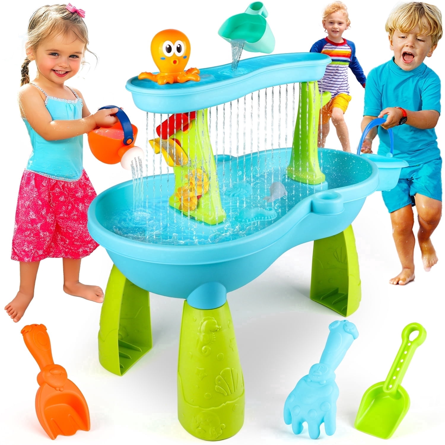 Beefunni Sand & Water Table, 2-Tier Rain Pond Activity Sensory Play Table with Accessories, Outdoor Beach Water Play Table, Summer Activity  Gift Idea