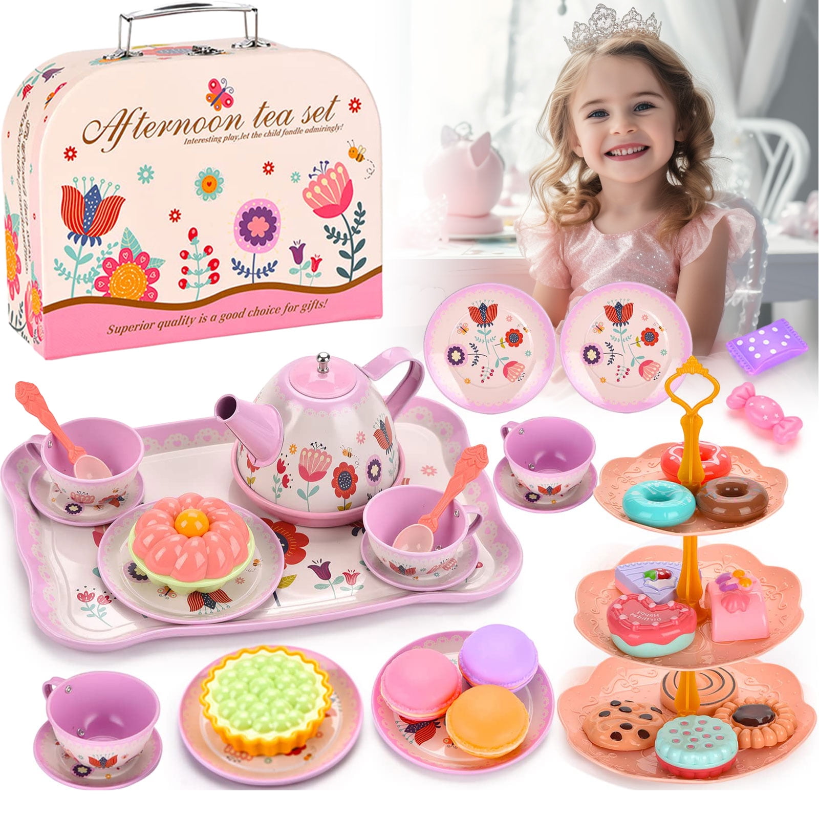 Beefunni Children's Plastic Tea Party Set, Princess Toy Tea Set for ...