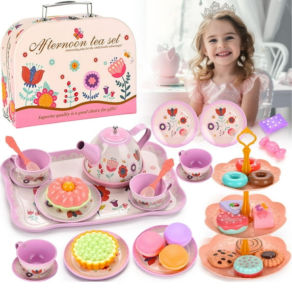 Beefunni Tea Party Set for Little Girls, Princess Tea Set for Toddlers, Flower Design Toy Tea Set with Teapot, Cup, Plate, Coaster, Spoon And Carry Case, Pretend Play Toys for Kids