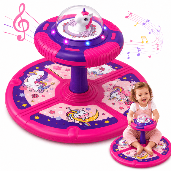 Beefunni Unicorn Sit and Spin Toy for Toddler Girls 18 Months+, 360 Spinning Stool with 3 LED Music Modes, Indoor Active Play Birthday Gift