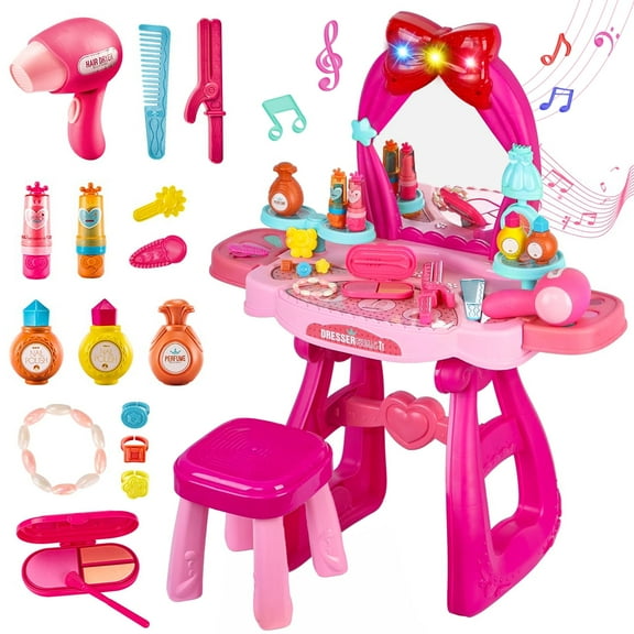 Beefunni Toddler Vanity Set, Kids Vanity with Mirror and Beauty Salon Set, Vanity Table Toy  Birthday Gift for Girls Age 2 3 4 5