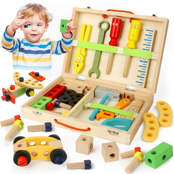 Beefunni Toddler Tool Set with Tool Box, 34PCS Wooden Kids Tool Set, Montessori STEM Construction Toys for Kids Age 2-6, Educational Preschool Gift for Boys and Girls