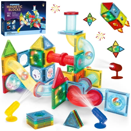 Beefunni Magnetic Tiles 80PCS, Building Blocks for Kids, Marble Run Toy, Educational STEM Toys, Gift for Kids Age 6 7 8 9 10+ Years Old