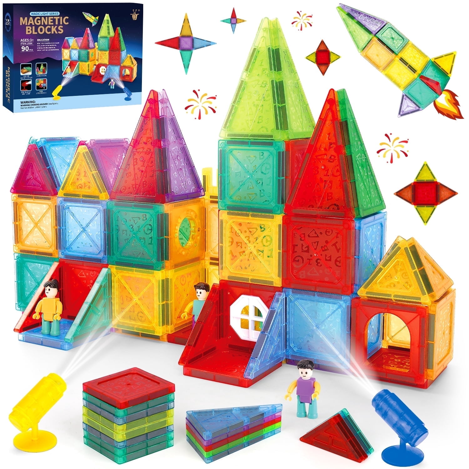 Beefunni 90PCS Magnetic Building Tiles Set, STEM Construction Toy with Mini Figures & Light Blocks, Educational Magnetic Blocks, Creative Building Playset, Gift Idea