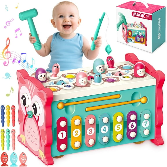 Beefunni Montessori Toys for Toddlers, Whack-A-Mole Toy with Pounding Bench, Fishing, Xylophone, Montessori Musical Educational Preschool Toys for Toddlers 1 - 3 Years Old