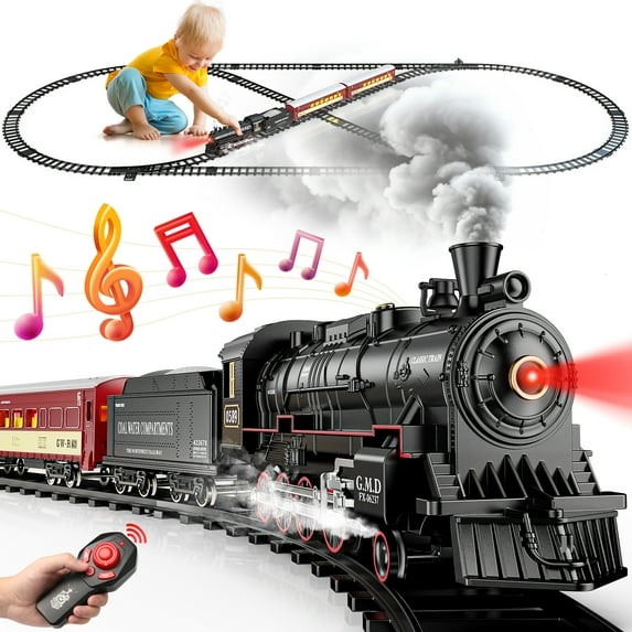 Beefunni Train Set for Boys, Alloy Christmas Train Sets , Electric Remote Control Train Sets with Steam Locomotive, Light Up Cars and Tracks, Toys Gifts for Kids Toddlers 3-8+Years Old