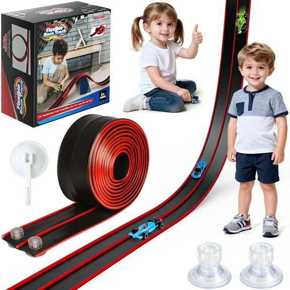 Beefunni 15FT Flexible Race Track for Kids, Bendable Track with Suction Cups, Portable & Foldable Indoor/Outdoor Toy, Compatible with Most 1:64 Toy Cars, Creative Gift for Boys & Girls (Red-Black)
