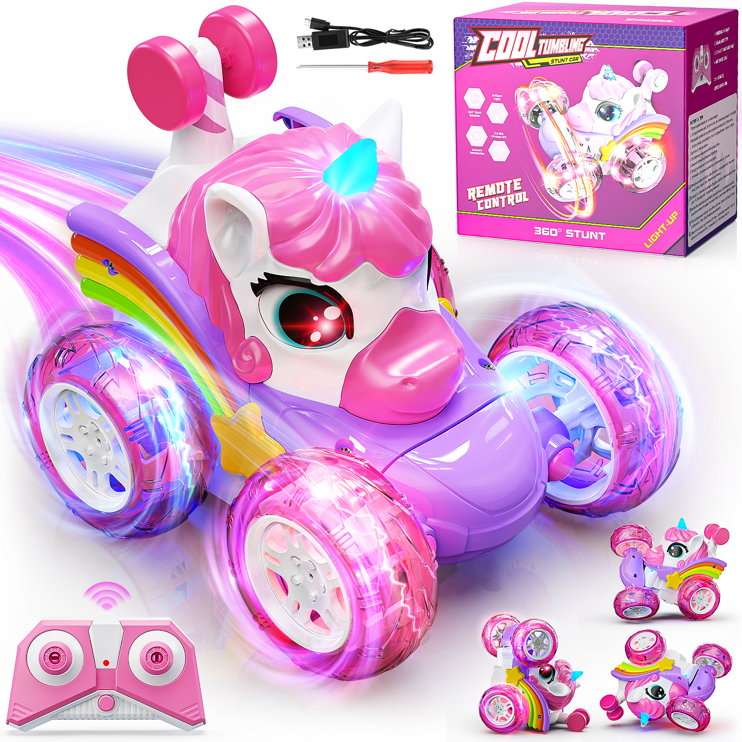 Beefunni Unicorn RC Car for Girls, LED Light Stunt Remote Control Car with 2.4GHz, USB Rechargeable, All-Terrain RC Vehicle Toy for Kids Ages 3-12, Birthday Gift