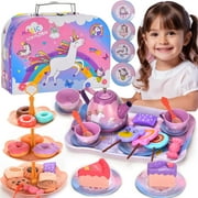 Beefunni Unicorn Tea Party Set for Little Girls, 48pcs Princess Tea Time Kitchen Pretend Play Toys, Including Dessert Cookies Teapot, Birthday Christmas Gift for Girls Age 3-6