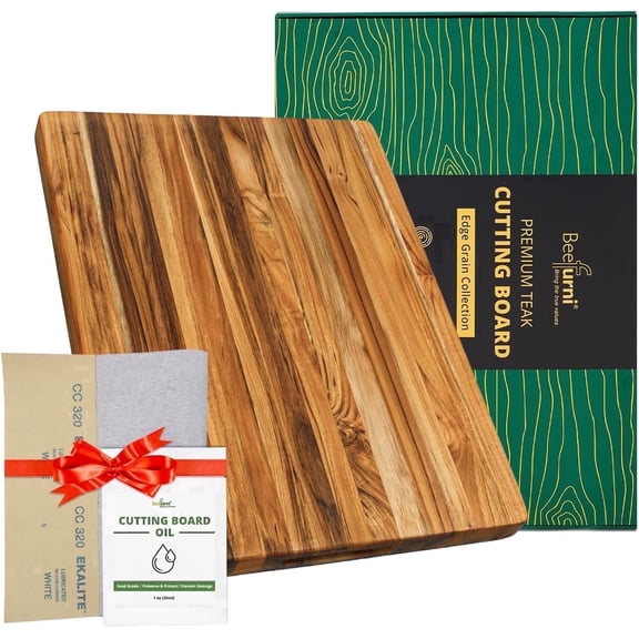 Beefurni Teak Wood Carving Board, Edge Grain Cutting Board for Meat, BBQ & Grilling, Father's Day Gift for Dad, 20 x 15 x 1.25 in