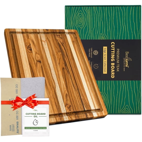 Beefurni Teak Wood Carving Board, Edge Grain Cutting Board with Juice Groove, 18 x 14 x 1 in