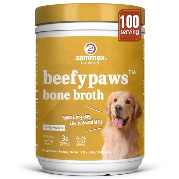 Zammex BeefyPaws Bone Broth For Dogs & Cats, Grass-Fed Beef Bone Broth, Pet Food Topper For Picky Eaters, 100 Servings