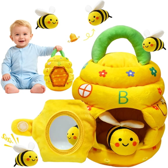 Beehive Baby Sensory Toys for 0-12 Months, 5-Pack Crinkle Rattle Bees with Mirror