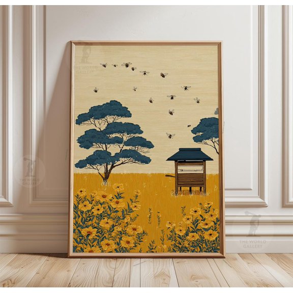 Beehive Bees Meadow Trees Yellow Field Rustic Nature Wall Art Print