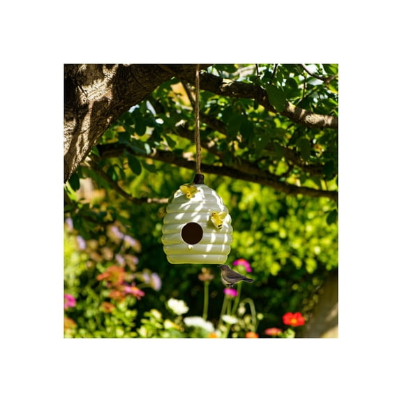 Beehive Birdhouse for Outdoor Hanging - Handcrafted Ceramic Ceramic with Honeybee Accents - Weather-Resistant Porcelain for Garden & Patio Decor - 7" Ivory & Yellow