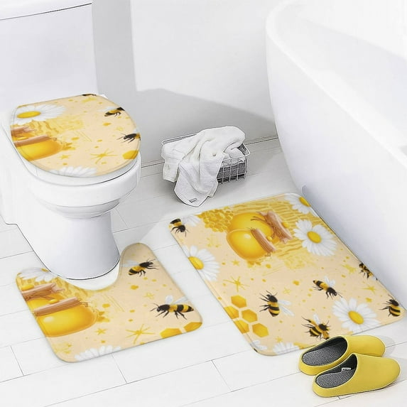 Beehive Honeycomb Daisy Pattern Bathroom Rugs Sets 3 Piece Toilet Lid Cover and Contour Mat Ultra Soft Bath Mat Non-Slip