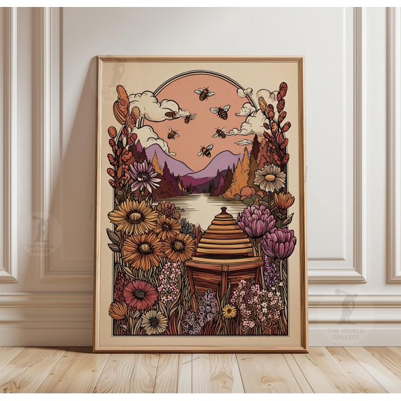 Beehive Landscape Poster Floral Meadow Bee Art Sunset Nature Print 2