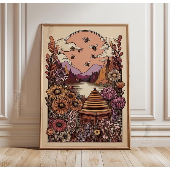 Beehive Landscape Poster, Floral Meadow Bee Art Sunset Nature Print ...