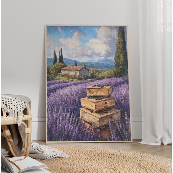 Beehive Lavender Field Wall Art, Cottagecore Floral Farm Decor, Stretched Canvas Size 8x12