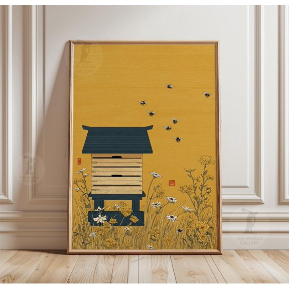 Beehive Poster, Bees Wildflower Field Yellow Rustic Nature Wall Art, Poster Only