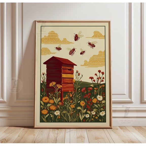 Beehive Poster Bees Wildflower Garden Red Rustic Nature Wall Art