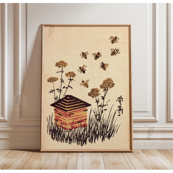 Beehive Poster, Japanese Bees Rustic Floral Minimal Nature Wall Art, Poster Only