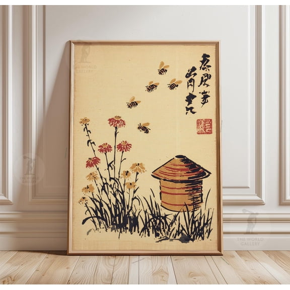 Beehive Poster Japanese Bees Rustic Floral Minimal Nature Wall Art
