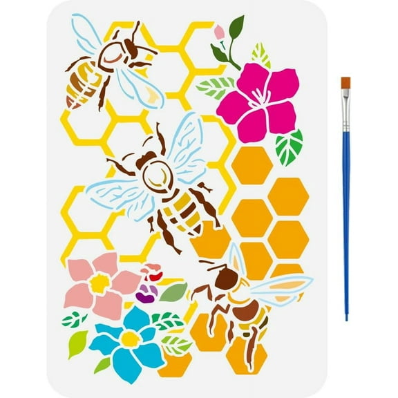 Beehive Stencils with Paint Brush 11.7x8.3Inch Honeybee Pattern Spring Themes DIY Crafts colorful