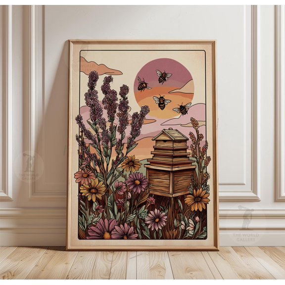 Beehive Sunset Poster, Floral Bee Garden Landscape Nature Print, Poster Only