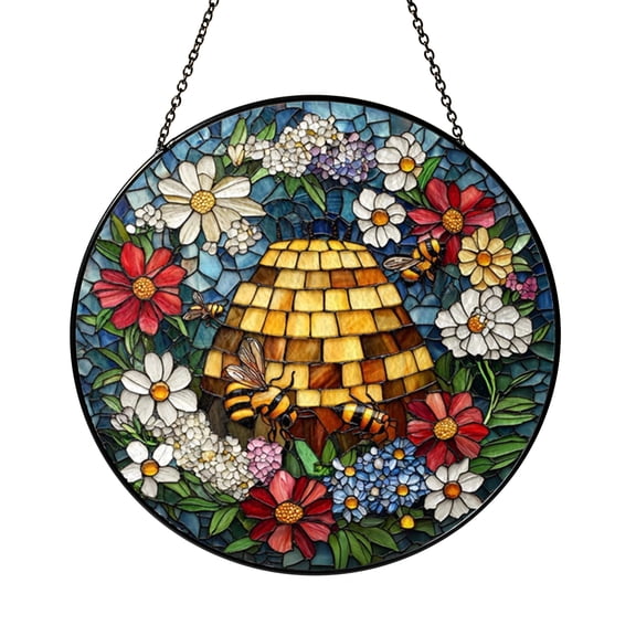 Beehive Window Hanging, Faux Glass Inspired Bloom and Honeycomb Accent for Home Decor