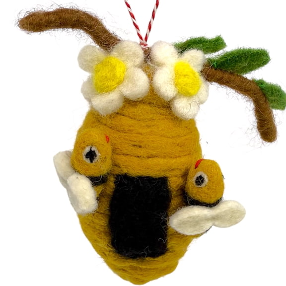 Beehive and Bees Ornament  Felted Wool Handmade Christmas Tree Holiday Decoration