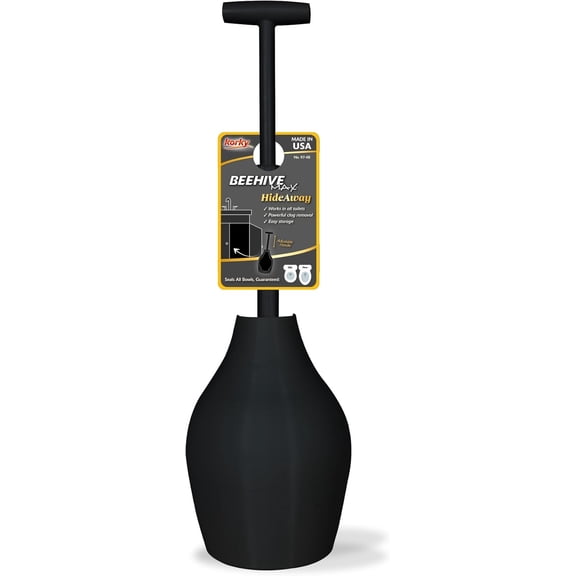 BeehiveMAX Hideaway - Heavy Duty Toilet Plunger with Holder in Black - Drip Free Carry-Seals All Bowl Shapes Powerful Clog Removal, 97-5B