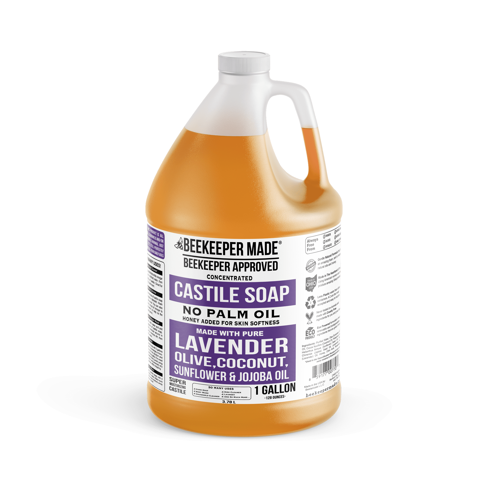 Beekeeper Made Natural Castile Soap, No Palm Oil, 1 gallon (Lavender)