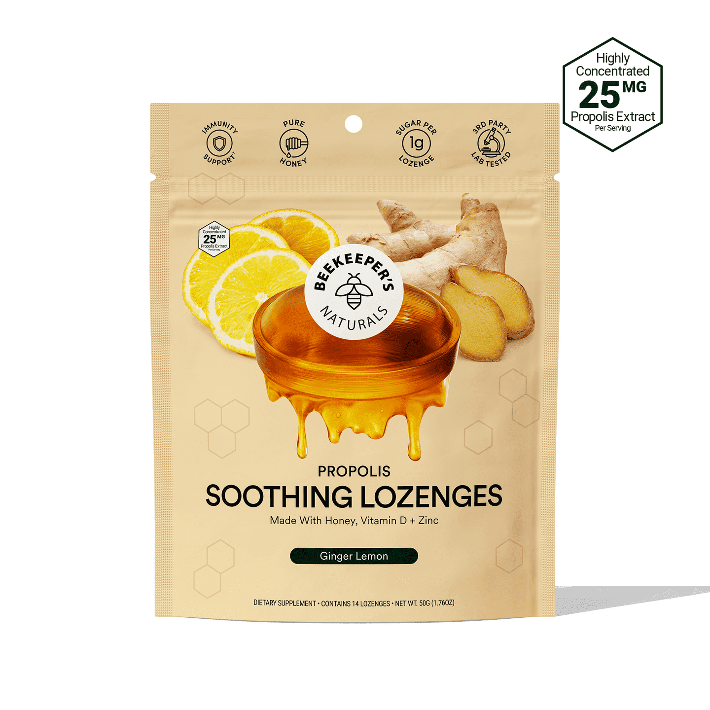 Beekeeper's Naturals Soothing Honey Ginger Lemon Cough Drops - Immune Support with Vitamin D, Zinc and Propolis Throat Soothing Lozenges, 14 Ct