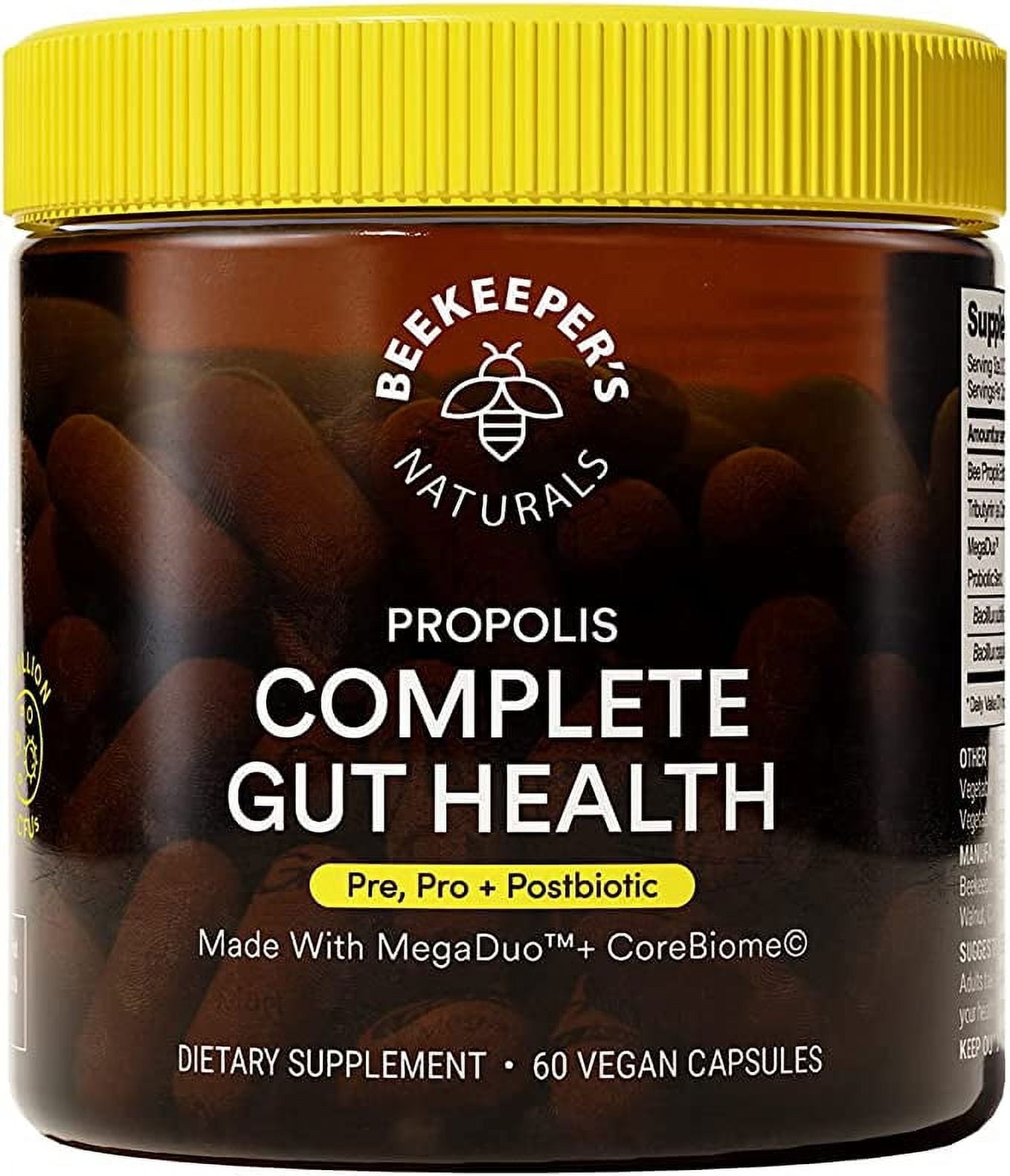 Beekeeper's Naturals Complete Gut Health, 3-in-1 Prebiotic, Postbiotic, Probiotics for Digestive Health & Bloating Relief for Women & Men, Propolis Powered, Gluten-Free Vegan Capsules, 60ct