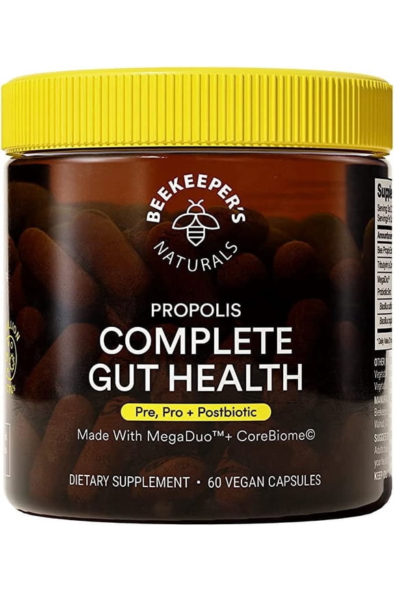 Complete Gut Health, 3-in-1 Prebiotic, Postbiotic, Probiotics for Digestive Health & Bloating Relief for Women & Men, Propolis Powered, Gluten-Free Vegan Capsules, 60ct