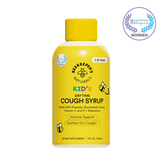 Beekeeper's Naturals Propolis Honey Cough Syrup Daytime for Kids Immune Support with Elderberry, Vitamin C, Vitamin D & Raw Honey - Throat Soothing - Gluten Free & Clean Ingredients, 4 oz.