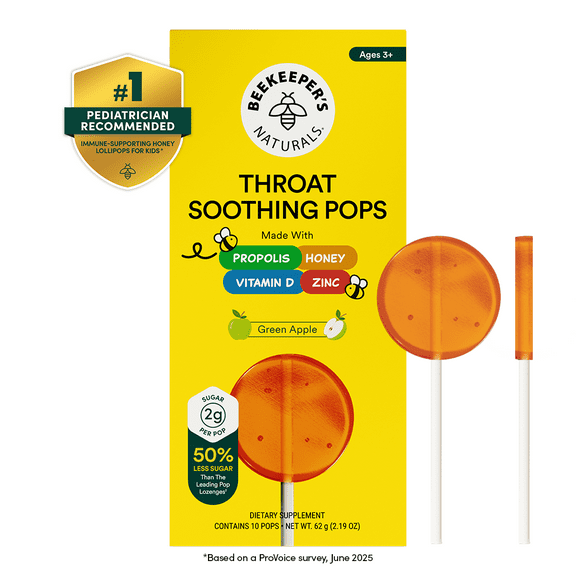 Beekeeper's Naturals Kids Green Apple Throat Soothing Lollipops with Propolis and Vitamin D