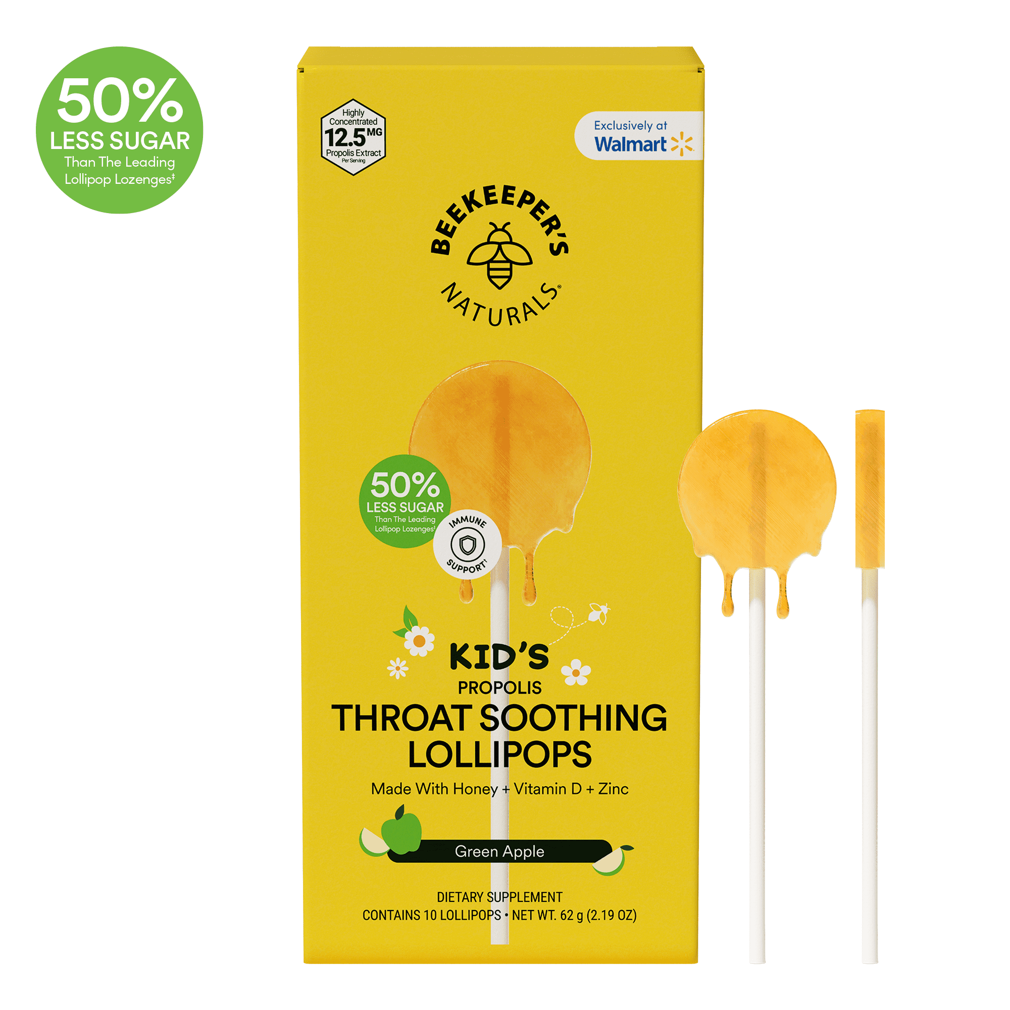 Kids Throat Soothing Lollipops by Beekeeper's Naturals, Green Apple, Doctor Formulated Immune Support, Vitamin D & Honey, Under 2g Sugar, Clean Ingredients, 10 Count