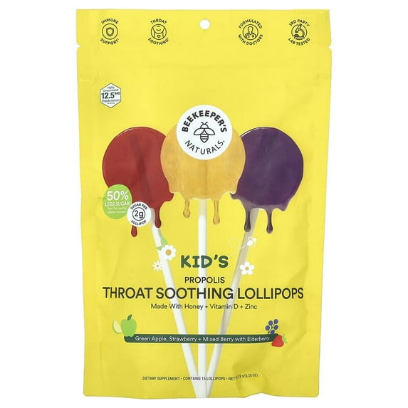 Beekeeper's Naturals, Kids Propolis Throat Soothing Lollipops, Green Apple, Strawberry + Mixed Berry with Elderberry, 15 Lollipops Pack of 4