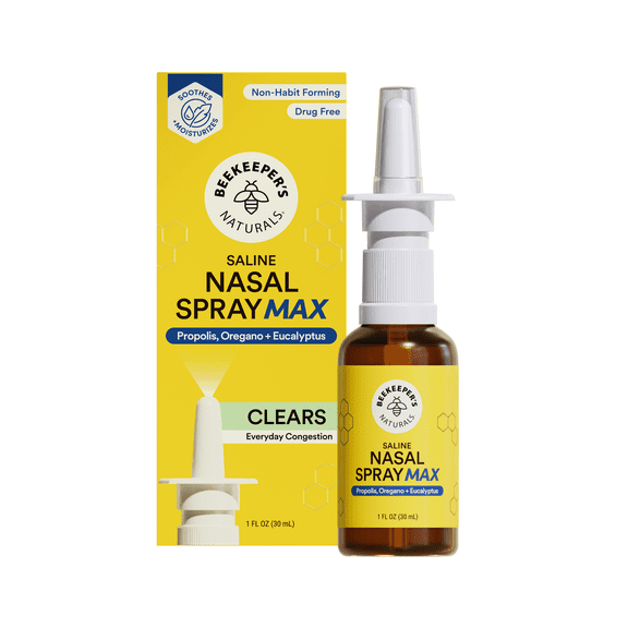 Beekeeper's Naturals Propolis Nasal Rinse Spray Max, Relief for Adults w/Eucalyptus, Oregano & Saline, Clears Nasal Congestion, Moisturizes Sinus Canal, & Decongest Sinus Cavities, 1 fl oz